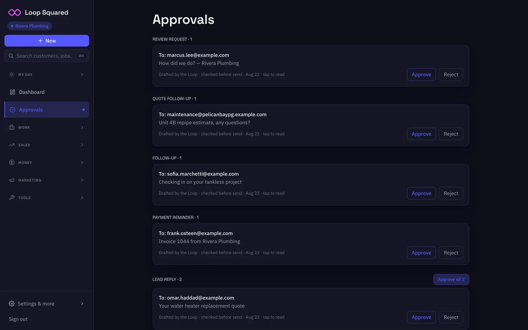 Approvals — Drafts wait for your tap. Then they go.